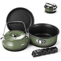Odoland 5pcs Camping Cookware Mess Kit, NonStick Lightweight Pot Pan Kettle Set with a removable handle  Perfect for Backpacking, Camping, Hiking, a