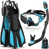Snorkel Set for Adults, Anti-Fog Diving Mask with Dry Top Snorkel & Swim Fins, Wide View Scuba Flippers Snorkeling Gear for Men Women Youth Sky Blue S