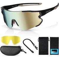 Odoland Polarized Cycling Glasses, Sports Sunglasses UV 400 with Replaceable Night Vision Lenses for Bike, Fishing, Running, Men, Women and Youth Gold