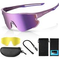 Odoland Polarized Cycling Glasses, Sports Sunglasses UV 400 with Replaceable Night Vision Lenses for Bike, Fishing, Running, Men, Women and Youth Purp