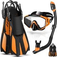 Snorkel Set for Adults, Anti-Fog Diving Mask with Dry Top Snorkel & Swim Fins, Wide View Scuba Flippers Snorkeling Gear for Men Women Youth L(8-12)/(4