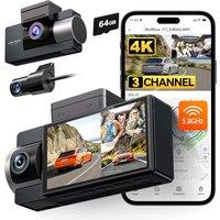 WOLFBOX i17 4K 3 Channel Dash Cam Builtin 5.8GHz WiFi with 64GB Card, 4K+1080P+1080P Dash Cam Front and Rear Inside, Triple Car Camera with 3 Inch Sc