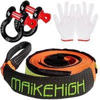 MAIKEHIGH Tow Rope 5M x 5cm,10 Ton (22,000 Lbs) OffRoad Recovery Tow Strap with 2 AntiProof Gloves, 2 Reinforced Shackles Orange (10T with Shackles)