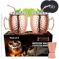 LIVEHITOP Moscow Mule Copper Mugs Set of 2, 19.5Oz Copper Cups with Jigger Coasters for Cocktail, Cold Drink, Home, Bar, Party
