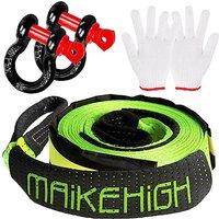 MAIKEHIGH Tow Rope 5M x 5cm,10 Ton (22,000 Lbs) OffRoad Recovery Tow Strap with 2 AntiProof Gloves, 2 Reinforced Shackles (Green) Green (10T with Sh