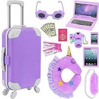 ZITA ELEMENT 16 pcs Doll Accessories Suitcase Travel Luggage for 18 Inch Carrier,Sunglasses Camera Computer Phone Pad Pillow Blindfold Passport Ticket