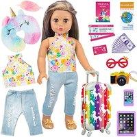ZITA ELEMENT 24 Pcs Fashion 18 Inch Dolls Travel Suitcase Play Set Unicorn Pattern Doll Clothes and Accessories for 18 Inch Dolls (Doll & Shoes Are No
