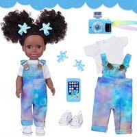 ZITA ELEMENT Black African Baby Doll 14 Inch Silicone Black Doll Set with White TShirt, Blue TieDye Bib Pants, and Accessories  Delightful Gift for