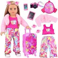 ZITA ELEMENT American 18 Inch Doll Clothes and Accessories Doll Suitcase Set, 10 Pcs Doll Travel Play Set with Doll Backpack Clothes Hair Clips Camera