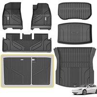 3W Floor Mats & Boot Liners & Seats Back Cover Fit for Tesla Model 3 2024 2025 Highland, TPE All Weather Full Set Car liners and Cargo Mats, Dog Frien