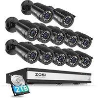ZOSI 1080P 16CH Security Camera System with Human Vehicle Detection, H.265+ 5MP DVR Recorder with 2TB Hard Drive,12x 1920TVL 2MP CCTV Bullet Camera Ou