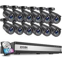 ZOSI 1080p 16CH Security Camera System,16 Channel H.265+ 5MP DVR with 4TB HDD and 12Pcs Outdoor Indoor 1920TVL 2MP CCTV Bullet Cameras with 80ft Long