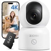 ZOSI 4K Indoor Security Camera, WiFi Pet Camera/Baby Monitor with 64GB Memory Card No Monthly Fee, Human/Pet Auto Tracking, 360 Surveillance Indoor