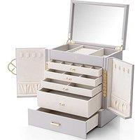 Vlando Jewelry Box Organizer Large Faux Leather Jewelry Box with 5 Drawn, Mirror Jewelry Boxes Storgewith Earrings Necklace Rings, Grey