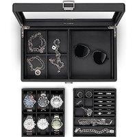Vlando 6-Slot Watch Box Organize, Lockable Watch Case 2 Layer Watch Holder for Rings, Bracelets, Glasses Glass Lid Removable Divider Gift for Fathers,