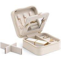 Vlando Small Faux Leather Travel Jewellery Box Organizer Display Storage Case for Rings Earrings Necklace with Mirror A.Mirror White