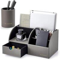 Vlando Desk Organiser with Drawer, Pen Holder, PU Leather Office Stationery Desk Tidy Organiser, Multifunctional Desktop Pen Organiser,Remote Control