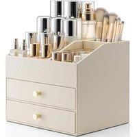 Vlando Makeup Organiser, Faux Leather Cosmetic Organiser with 2 Drawer, Dressing Table Organiser for Lipstick, Jewellery & Skincare Storage,Beige