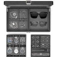 Watch Box, Textured Leather Mens Jewellery Box with 6 Slots Watch Case, Lockable 2Tier Watch Storage,Velvet Lining, Gifts for Mens, (Black+Grey Linin