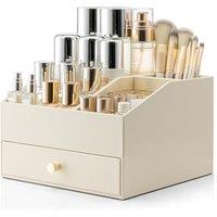 Vlando Makeup Organiser, Faux Leather Cosmetic Organiser with Drawer, Dressing Table Organiser for Lipstick, Jewellery & Skincare Storage, Cream White
