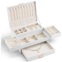 Vlando Jewellery Organiser, 3 Tier Jewellery Box with Drawer, Box & Organiser with Retractable Tray for Necklaces, Rings, Bracelets, Earrings,White