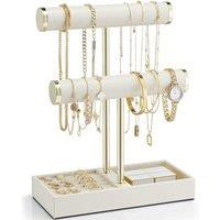 Vlando Jewellery Stand, 2 Tier Jewellery Oragniser with Jewellery Tray, Necklace Stand Bracelet Holder, Jewellery Holder for Earrings Rings,Beige