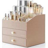 Vlando Makeup Organiser, Faux Leather Cosmetic Organiser with 2 Drawer, Dressing Table Organiser for Lipstick, Jewellery & Skincare Storage,Toffee
