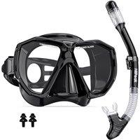 Snorkel Set Adult, HiiPeak Snorkeling Packages Scuba Diving Mask with Dry Top Snorkel Tube Anti Fog Panoramic Wide View, Anti-Leak, Tempered Glass, Sn