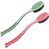 QiCheng&LYS Long Handle Bath Brush,Back Cleaning Brush,Long Wooden Handle Cleans The Body Easily-14in (Green and Pink)