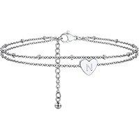 PROSTEEL Women Initial Anklet, A-Z Letter Heart Ankle Bracelet, Adjustable Double-Layer Foot Chain for Beach Summer, Silver/Gold Plated 316L Stainless