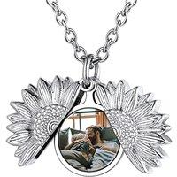 PROSTEEL Women Personalized Heart Locket Necklace, Custom Photo Name Pendant, Inspirational Gifts, Silver Color/Gold Plated-Send Gift Box 2-Sunflower-
