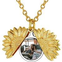 PROSTEEL Women Personalized Heart Locket Necklace, Custom Photo Name Pendant, Inspirational Gifts, Silver Color/Gold Plated-Send Gift Box 2-Sunflower-