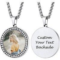 PROSTEEL Personalized Photo Tag Necklace for Women/Men, Full CZ Stone, Engraving Date/Text/Pictures with Chain-Send Gift Box 8-CZ Round-silver