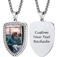 PROSTEEL Personalized Photo Tag Necklace for Women/Men, Full CZ Stone, Engraving Date/Text/Pictures with Chain-Send Gift Box 6-CZ shield-silver