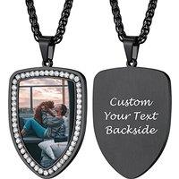 PROSTEEL Personalized Photo Tag Necklace for Women/Men, Full CZ Stone, Engraving Date/Text/Pictures with Chain-Send Gift Box 6-cz Shield-black