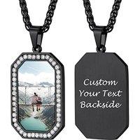 PROSTEEL Personalized Photo Tag Necklace for Women/Men, Full CZ Stone, Engraving Date/Text/Pictures with Chain-Send Gift Box 5-CZ Square-Black
