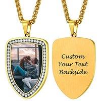 PROSTEEL Personalized Photo Tag Necklace for Women/Men, Full CZ Stone, Engraving Date/Text/Pictures with Chain-Send Gift Box 6-CZ shield-gold