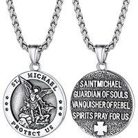 PROSTEEL Men Stainless Steel Saint Michael Necklace, Can Engrave, Gold Plated/Black-Send Gift Box circle-stainless