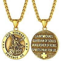 PROSTEEL Men Stainless Steel Saint Michael Necklace, Can Engrave, Gold Plated/Black-Send Gift Box circle-golden