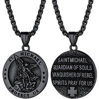 PROSTEEL Men Stainless Steel Saint Michael Necklace, Can Engrave, Gold Plated/Black-Send Gift Box circle-black