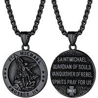 PROSTEEL Men Stainless Steel Saint Michael Necklace, Can Engrave, Gold Plated/Black-Send Gift Box Engrave-circle-black