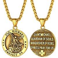 PROSTEEL Men Stainless Steel Saint Michael Necklace, Can Engrave, Gold Plated/Black-Send Gift Box Engrave-circle-golden