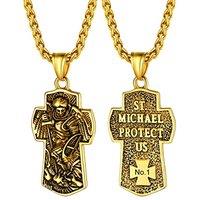 PROSTEEL Men Stainless Steel Saint Michael Necklace, Can Engrave, Gold Plated/Black-Send Gift Box Engrave-cross-golden