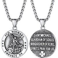 PROSTEEL Men Stainless Steel Saint Michael Necklace, Can Engrave, Gold Plated/Black-Send Gift Box Engrave-circle-stainless
