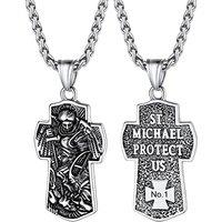 PROSTEEL Men Stainless Steel Saint Michael Necklace, Can Engrave, Gold Plated/Black-Send Gift Box Engrave-cross-stainless
