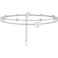 PROSILVER Women Initial Anklet Sterling Silver Heart Ankle Bracelet A-Z Letter, Adjustable Double-Layer Foot Chain for Beach Summer with Gift Box