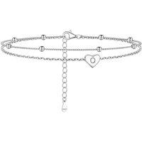 PROSILVER Women Initial Anklet Sterling Silver Heart Ankle Bracelet A-Z Letter, Adjustable Double-Layer Foot Chain for Beach Summer with Gift Box