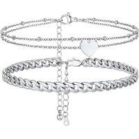 PROSTEEL Anklets Set for Women - Cuban Link/Herringbone/Heart Layered Ankle Bracelets Adjustable Waterproof for Summer Beach Jewellery, Silver/Gold Pl