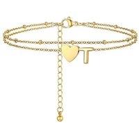PROSTEEL Women Heart Anklet, A-Z Letter Initial Ankle Bracelet, Adjustable Double-Layer Foot Chain for Beach Summer, Silver/Gold Plated 316L Stainless