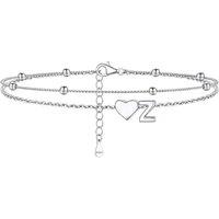 PROSILVER Women Sterling Silver Heart Anklet, A-Z Letter Initial Ankle Bracelet, Adjustable Hypoallergenic Double-Layer Foot Chain for Beach Summer wi